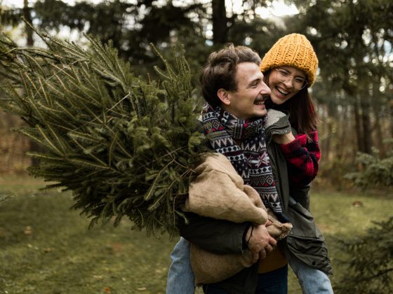Gelukkig echtpaar met die kerstboom vast heeft met kluit