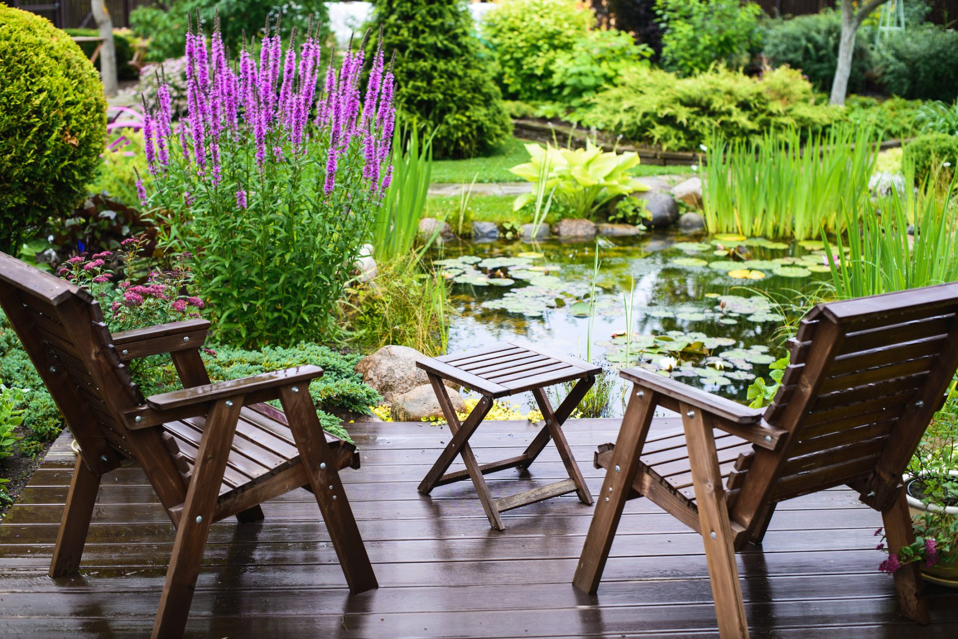 tuinontwerp groene tuin met terras en vijver
